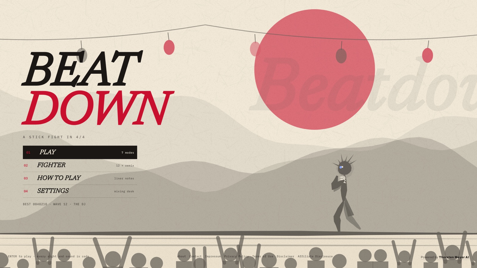 BEATDOWN title in sumi-e ink-brush style with a red sun and lanterns behind a stick-figure pianist