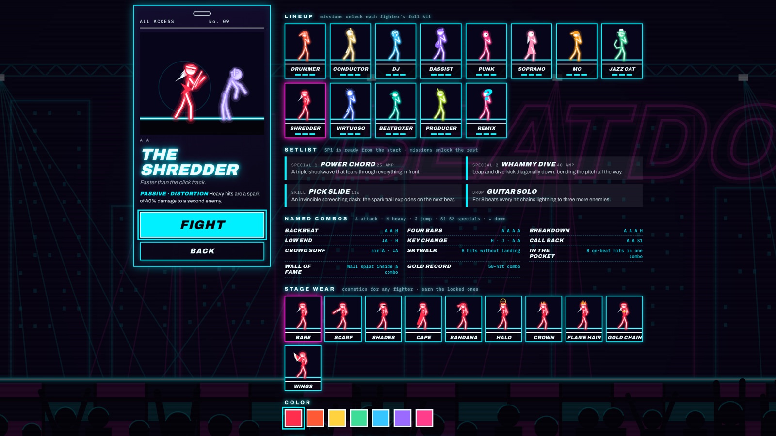 Fighter select screen in neon style showing twelve stick-figure musicians and an ability list