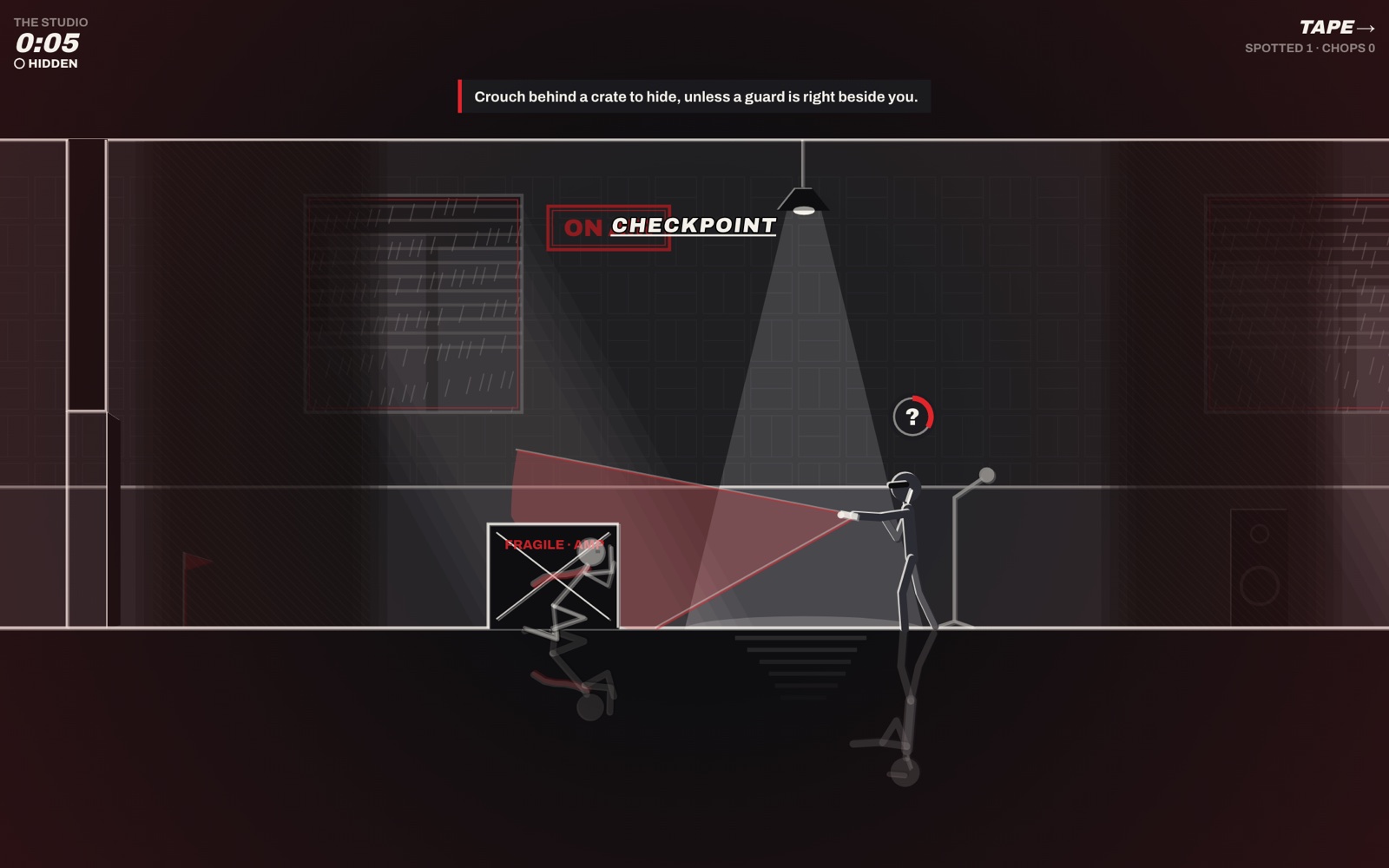 Film-noir stealth scene: a thief hiding behind a crate while a guard sweeps a flashlight cone