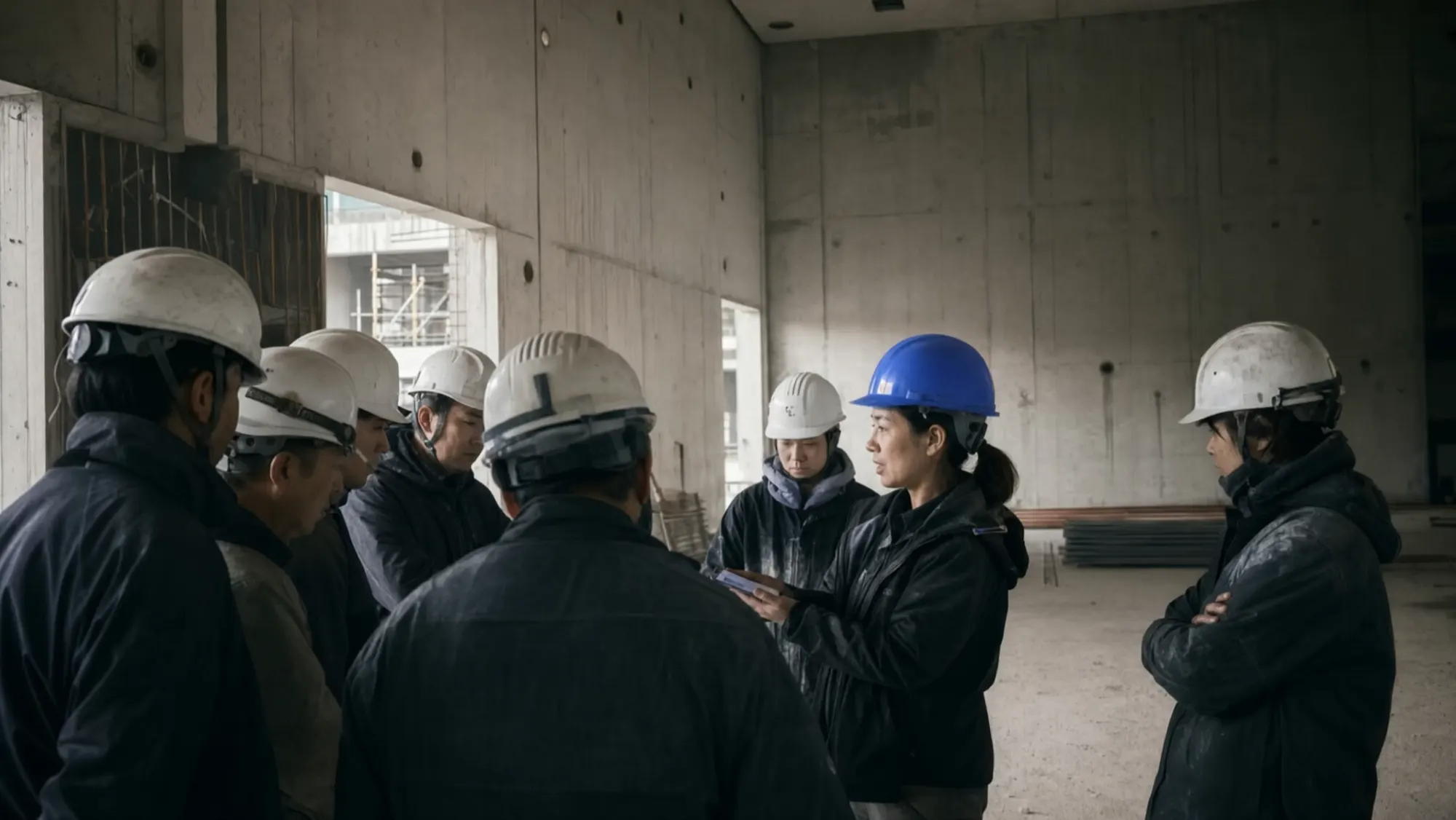 Gewerkton shows its new face: a calmer interface, clearer signals and films for five regions 5 Still from the website film for East Asia: a woman in a blue hard hat talks to a group of workers in white hard hats inside a concrete shell building, holding a phone