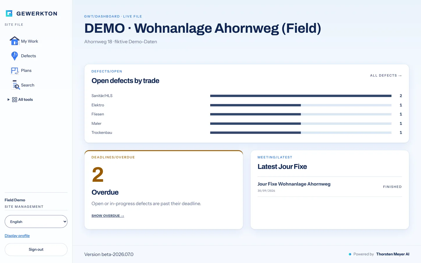 Gewerkton shows its new face: a calmer interface, clearer signals and films for five regions 4 Dashboard of the Gewerkton web app in the new look: open defects by trade shown as bars, a card counting overdue deadlines and the latest site meeting, filled with fictional demo data