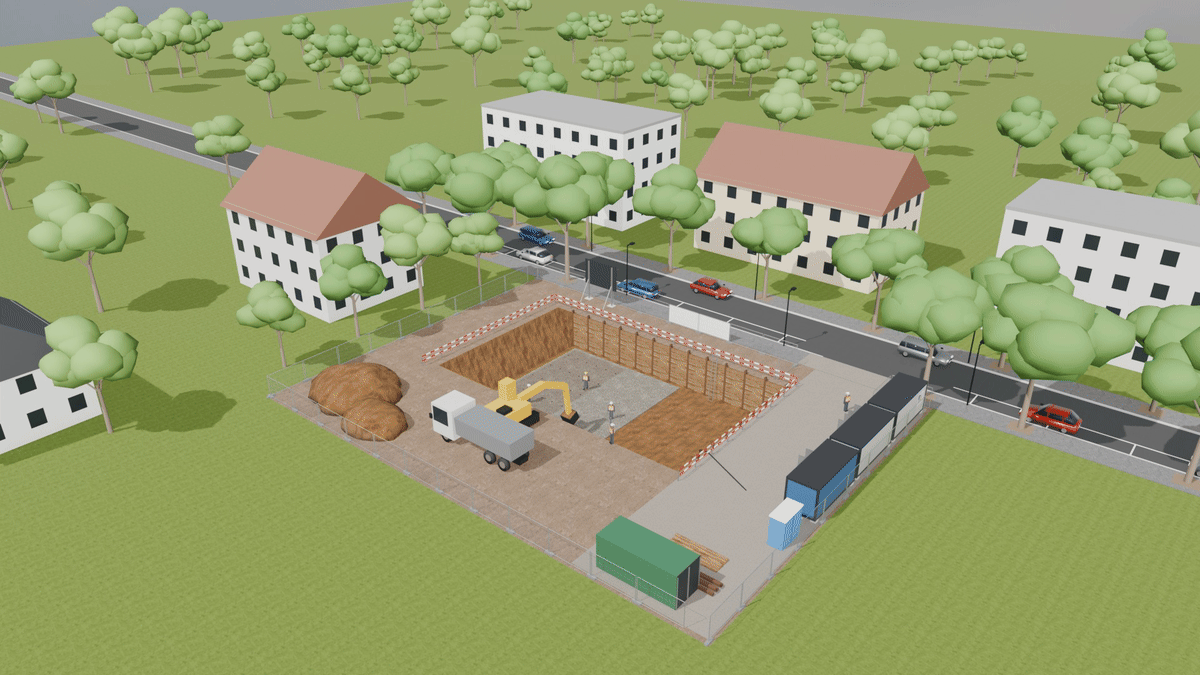 Before and After Renovation: What Changes on a Building, Shown in One Shot 4 Animated aerial view of one fictional building site in five phases, from excavation pit to finished apartment house