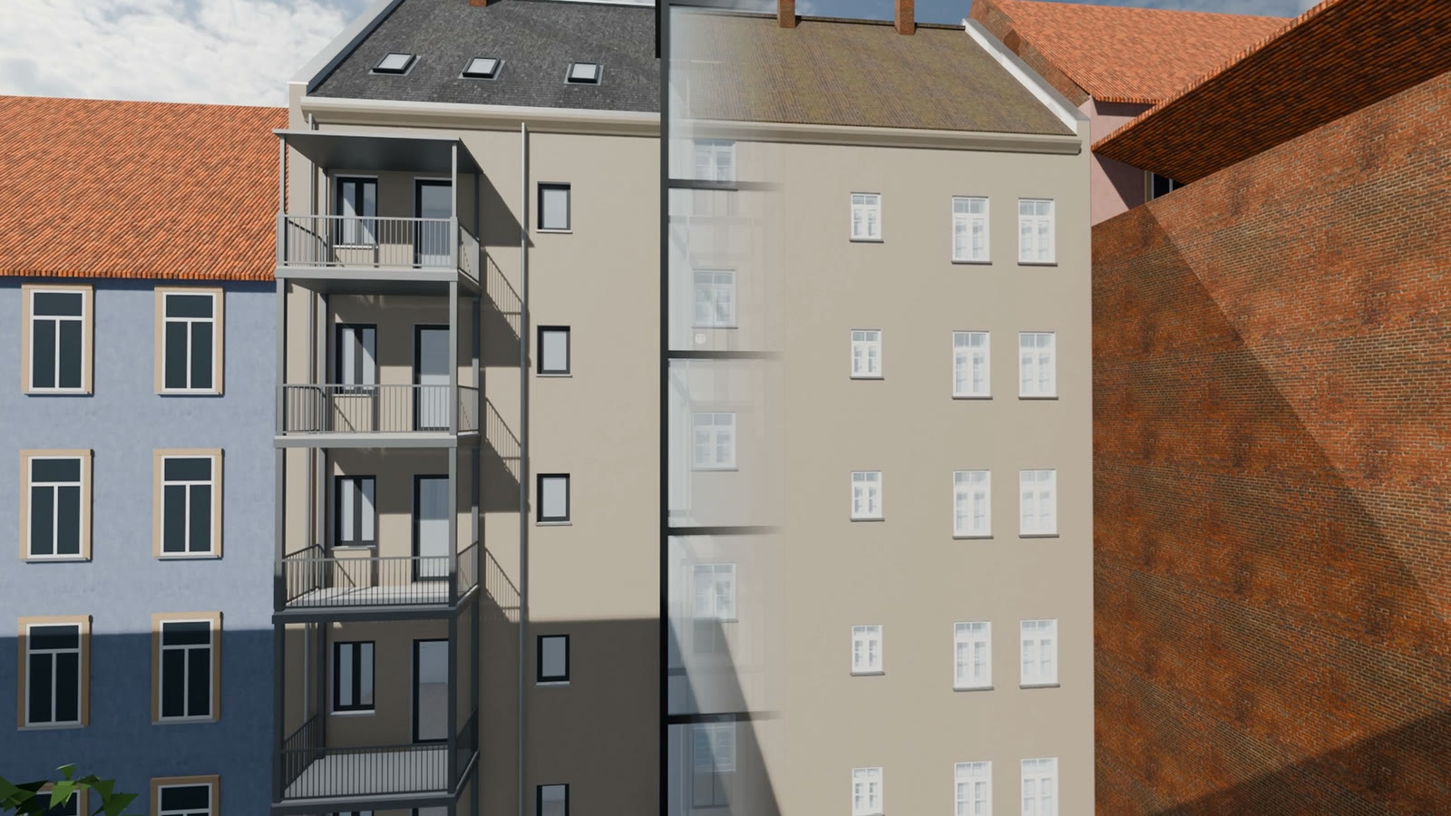 Before and After Renovation: What Changes on a Building, Shown in One Shot 5 Courtyard facade of a fictional old apartment building, half before and half after renovation, with new balconies on the left
