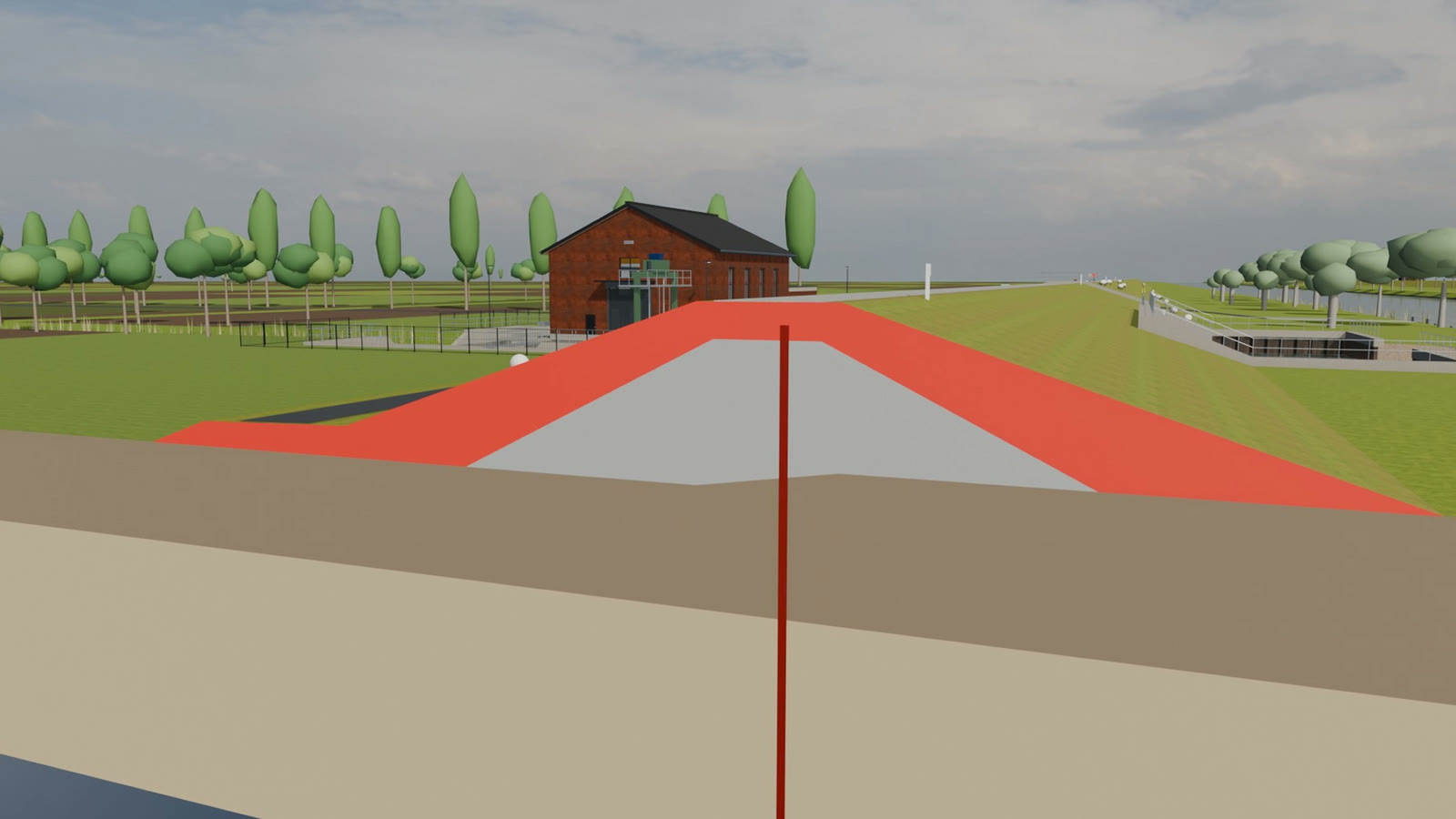 Before and After Renovation: What Changes on a Building, Shown in One Shot 6 Cross-section through a fictional flood dike, existing core in grey and new layers in red, with a brick pumping station behind