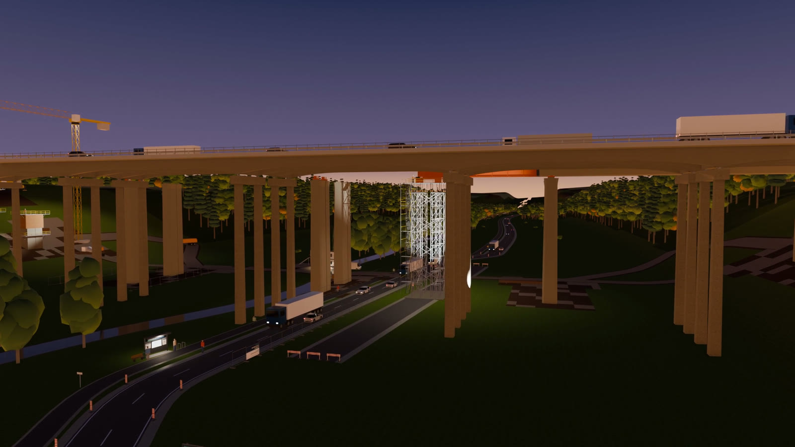 Before and After Renovation: What Changes on a Building, Shown in One Shot 7 Fictional valley bridge at dusk with traffic on the deck, a tower crane and a lit scaffold tower beneath it